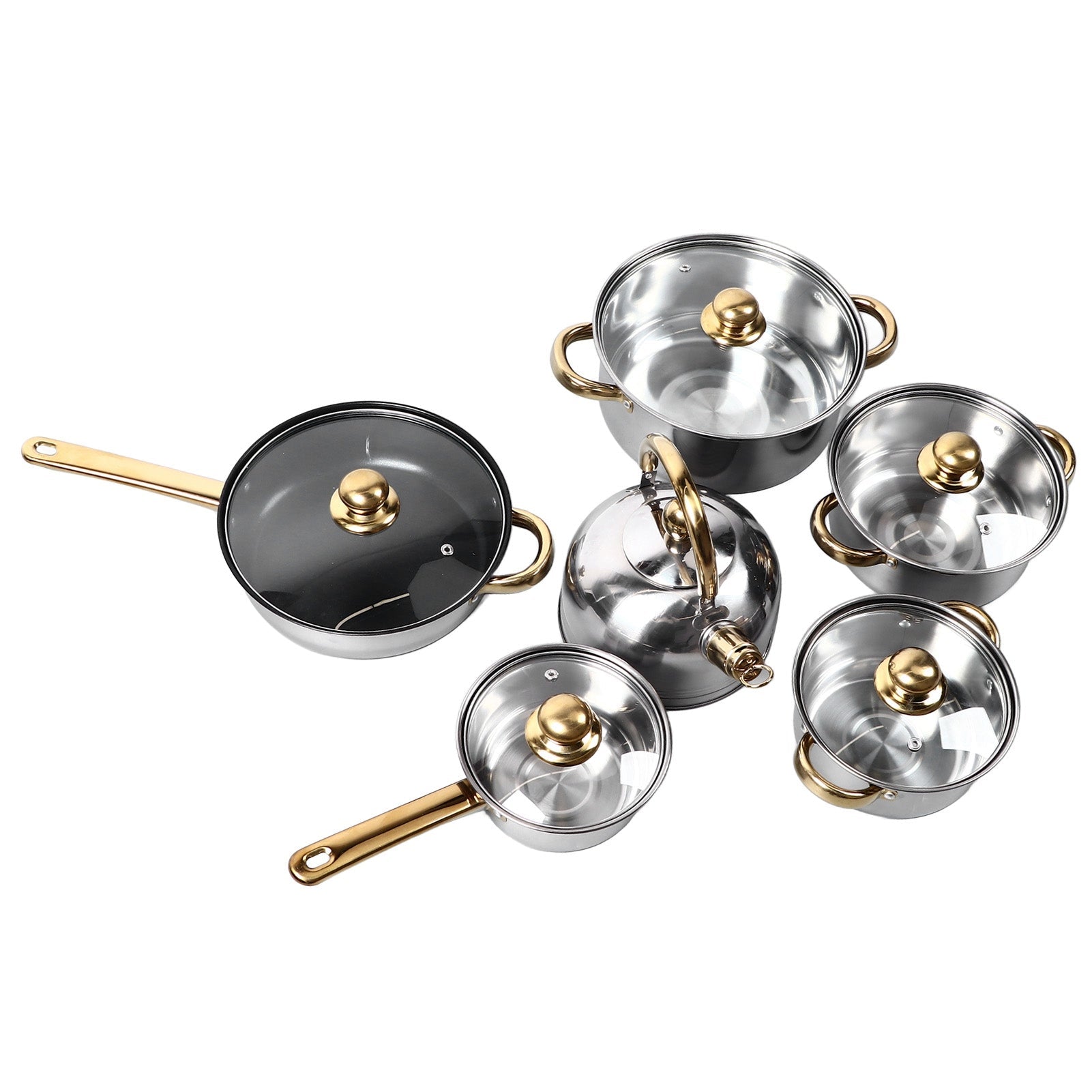 12Pcs Kitchen Pots Stainless Steel Golden Handle Smoothing Sturdy Easy To Clean Cookware Set For Home Cooking - Classy Cajuns