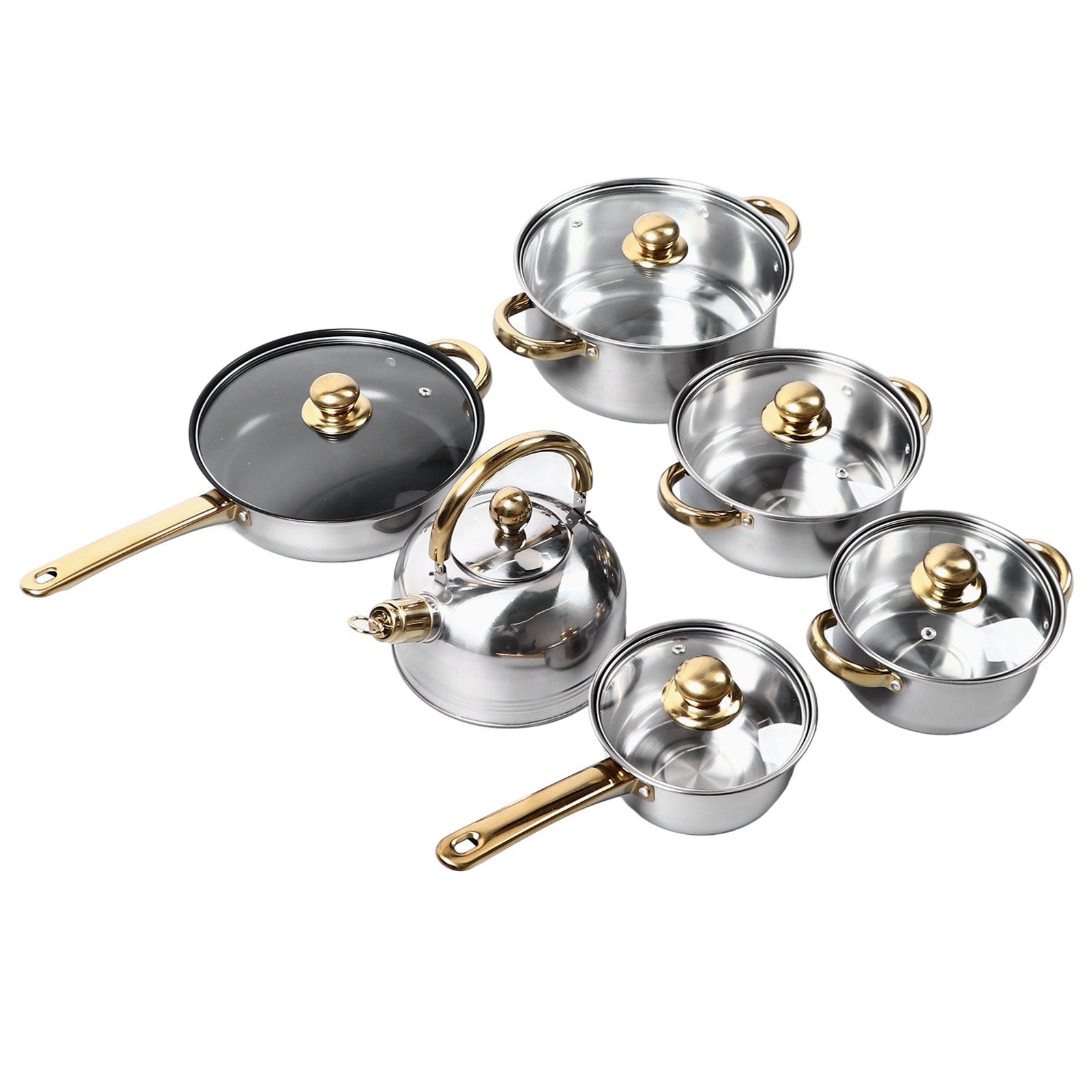 12Pcs Kitchen Pots Stainless Steel Golden Handle Smoothing Sturdy Easy To Clean Cookware Set For Home Cooking - Classy Cajuns