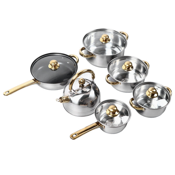 12Pcs Kitchen Pots Stainless Steel Golden Handle Smoothing Sturdy Easy To Clean Cookware Set For Home Cooking - Classy Cajuns