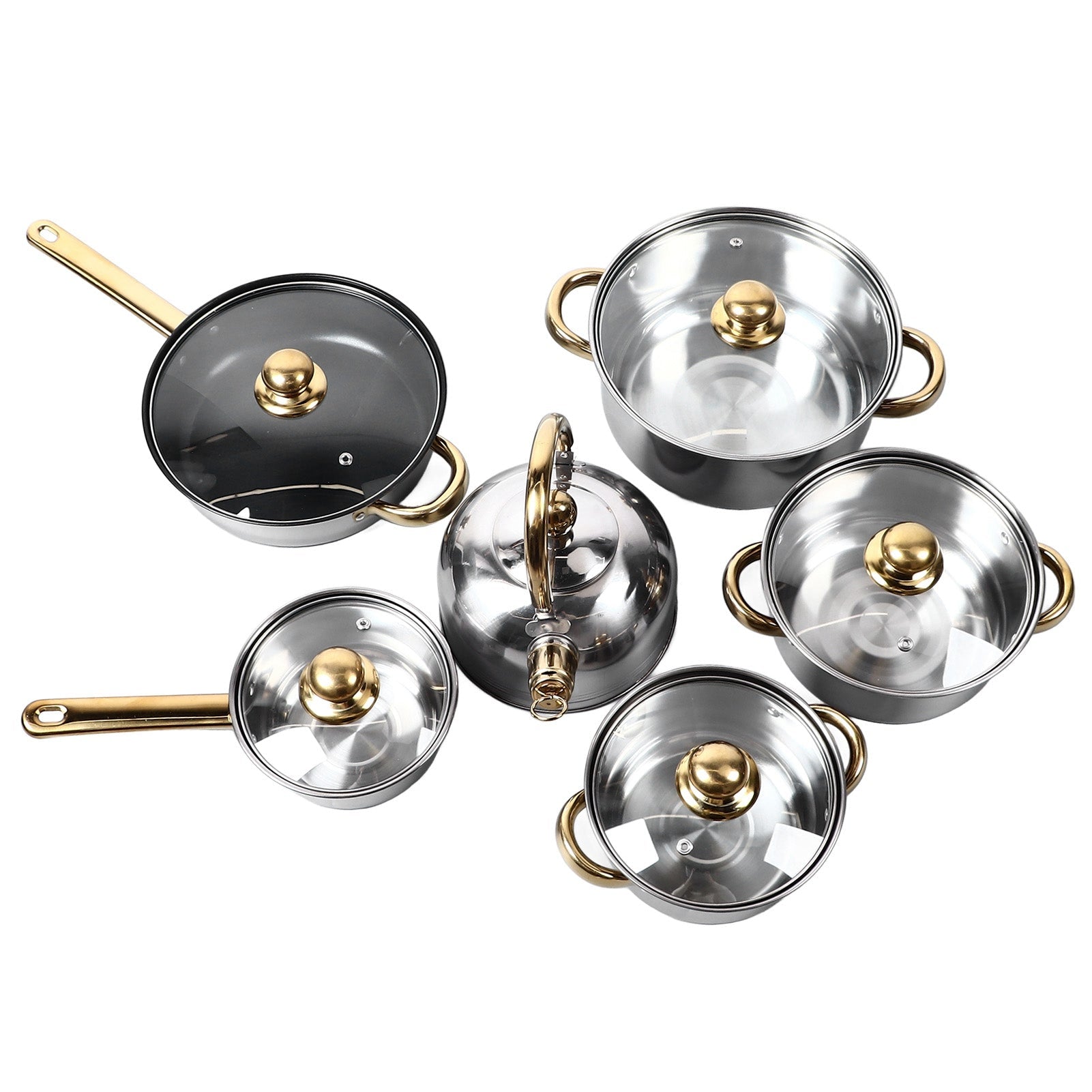 12Pcs Kitchen Pots Stainless Steel Golden Handle Smoothing Sturdy Easy To Clean Cookware Set For Home Cooking - Classy Cajuns