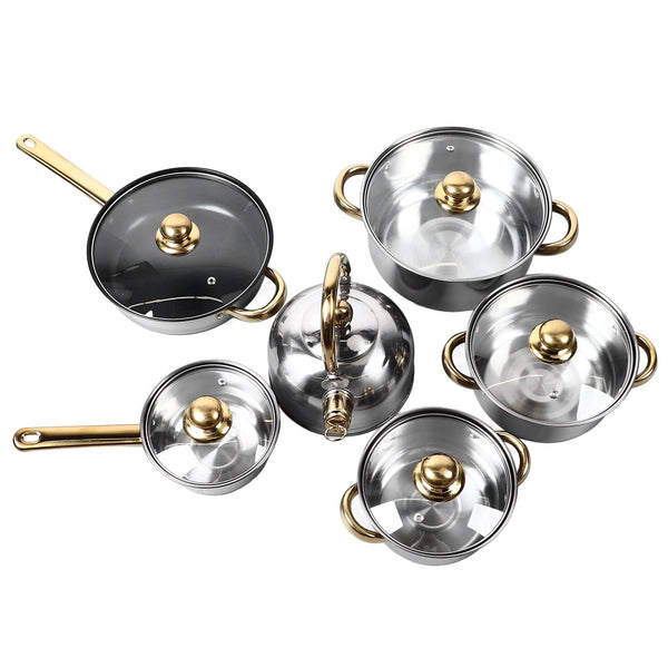 12Pcs Kitchen Pots Stainless Steel Golden Handle Smoothing Sturdy Easy To Clean Cookware Set For Home Cooking - Classy Cajuns