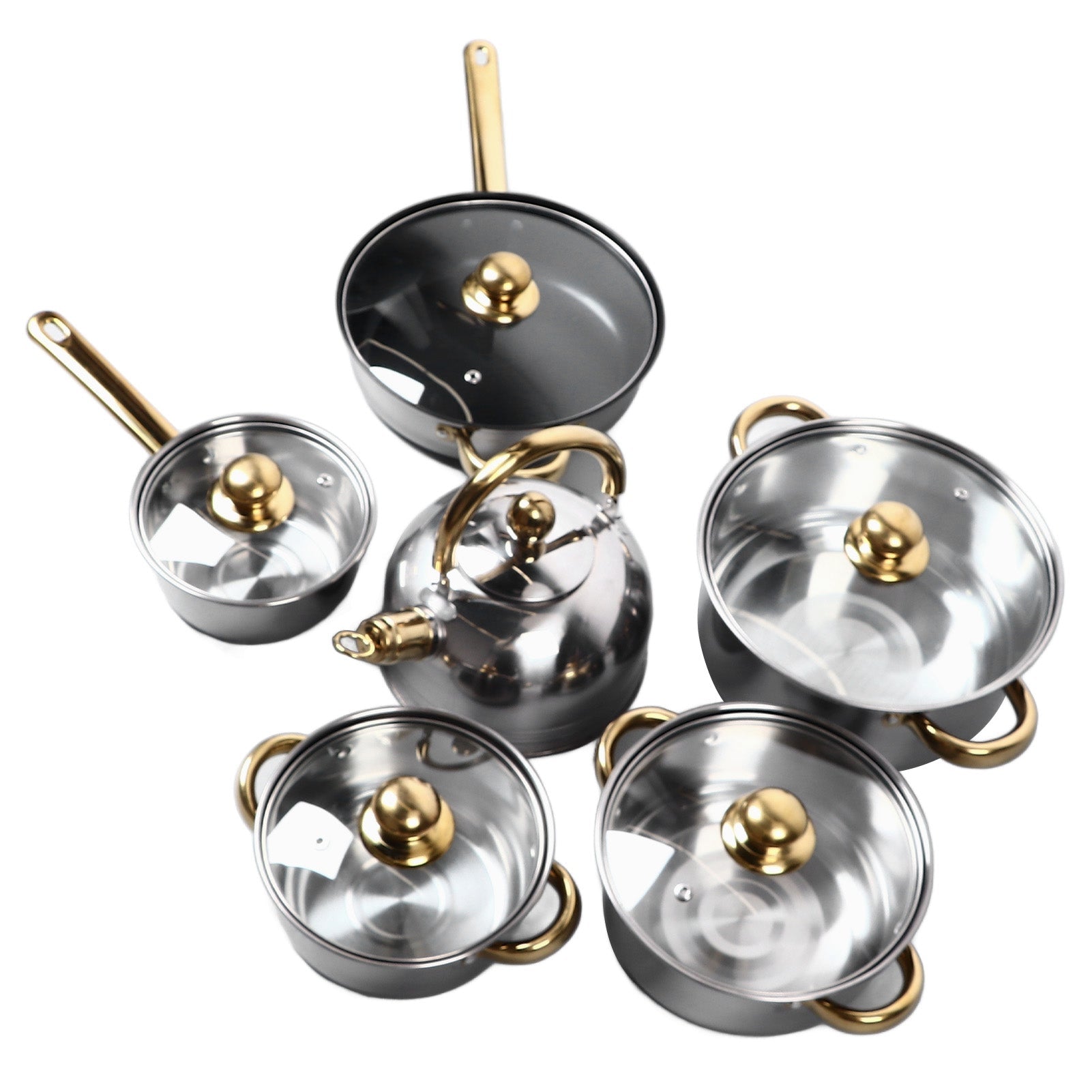 12Pcs Kitchen Pots Stainless Steel Golden Handle Smoothing Sturdy Easy To Clean Cookware Set For Home Cooking - Classy Cajuns