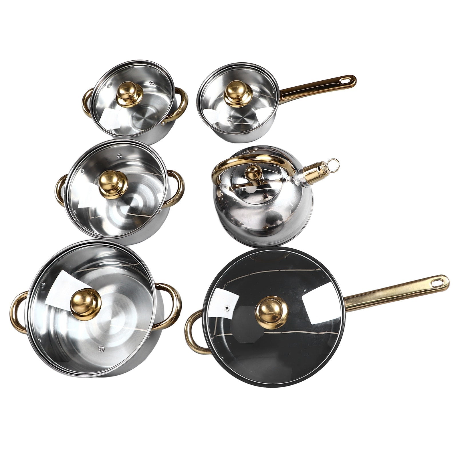 12Pcs Kitchen Pots Stainless Steel Golden Handle Smoothing Sturdy Easy To Clean Cookware Set For Home Cooking - Classy Cajuns