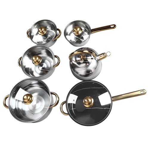 12Pcs Kitchen Pots Stainless Steel Golden Handle Smoothing Sturdy Easy To Clean Cookware Set For Home Cooking - Classy Cajuns
