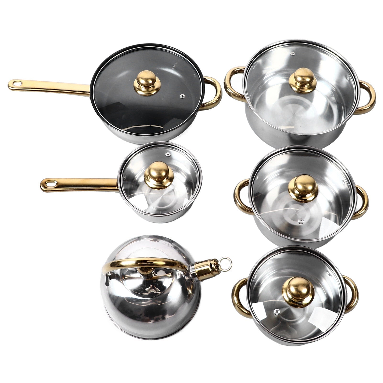 12Pcs Kitchen Pots Stainless Steel Golden Handle Smoothing Sturdy Easy To Clean Cookware Set For Home Cooking - Classy Cajuns