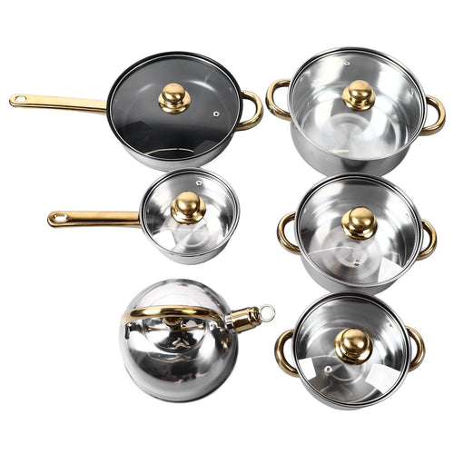 12Pcs Kitchen Pots Stainless Steel Golden Handle Smoothing Sturdy Easy To Clean Cookware Set For Home Cooking - Classy Cajuns