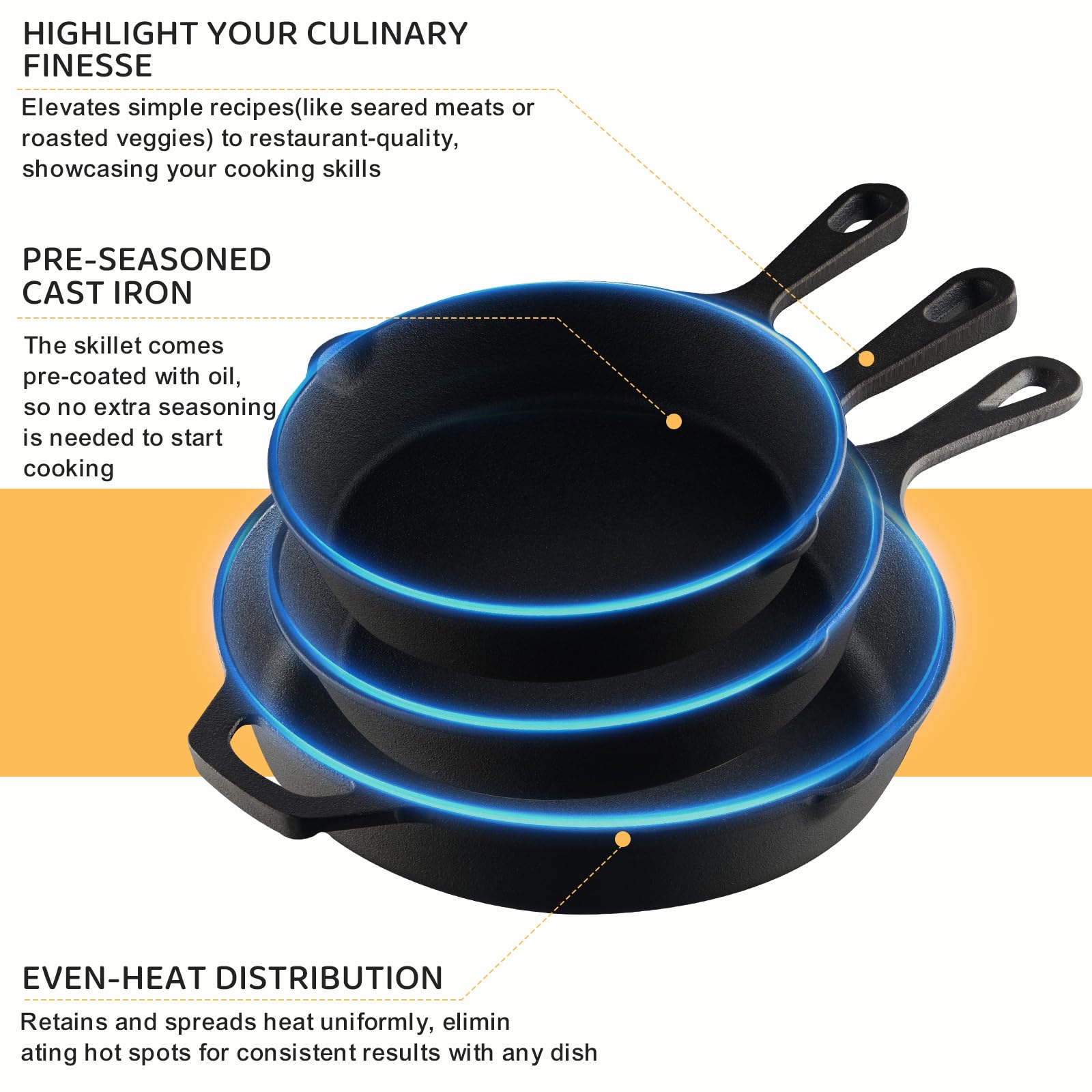 EWFEN Cast Iron Skillet 3-Piece Set, Heavy-Duty Professional Restaurant Chef Quality Pre-Seasoned Pan Cookware Set, 6", 8", 10" Pans For Frying, Saute, Cooking, Use Indoor/Outdoor, Oven, Grill - Classy Cajuns
