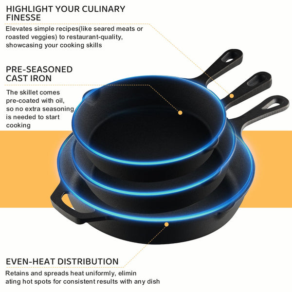 EWFEN Cast Iron Skillet 3-Piece Set, Heavy-Duty Professional Restaurant Chef Quality Pre-Seasoned Pan Cookware Set, 6", 8", 10" Pans For Frying, Saute, Cooking, Use Indoor/Outdoor, Oven, Grill - Classy Cajuns