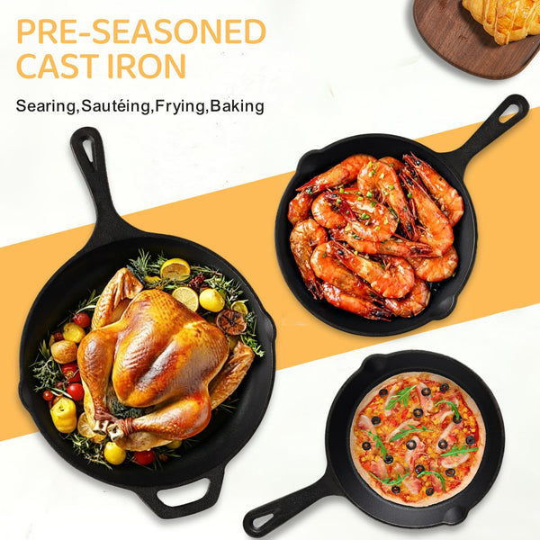 EWFEN Cast Iron Skillet 3-Piece Set, Heavy-Duty Professional Restaurant Chef Quality Pre-Seasoned Pan Cookware Set, 6", 8", 10" Pans For Frying, Saute, Cooking, Use Indoor/Outdoor, Oven, Grill - Classy Cajuns