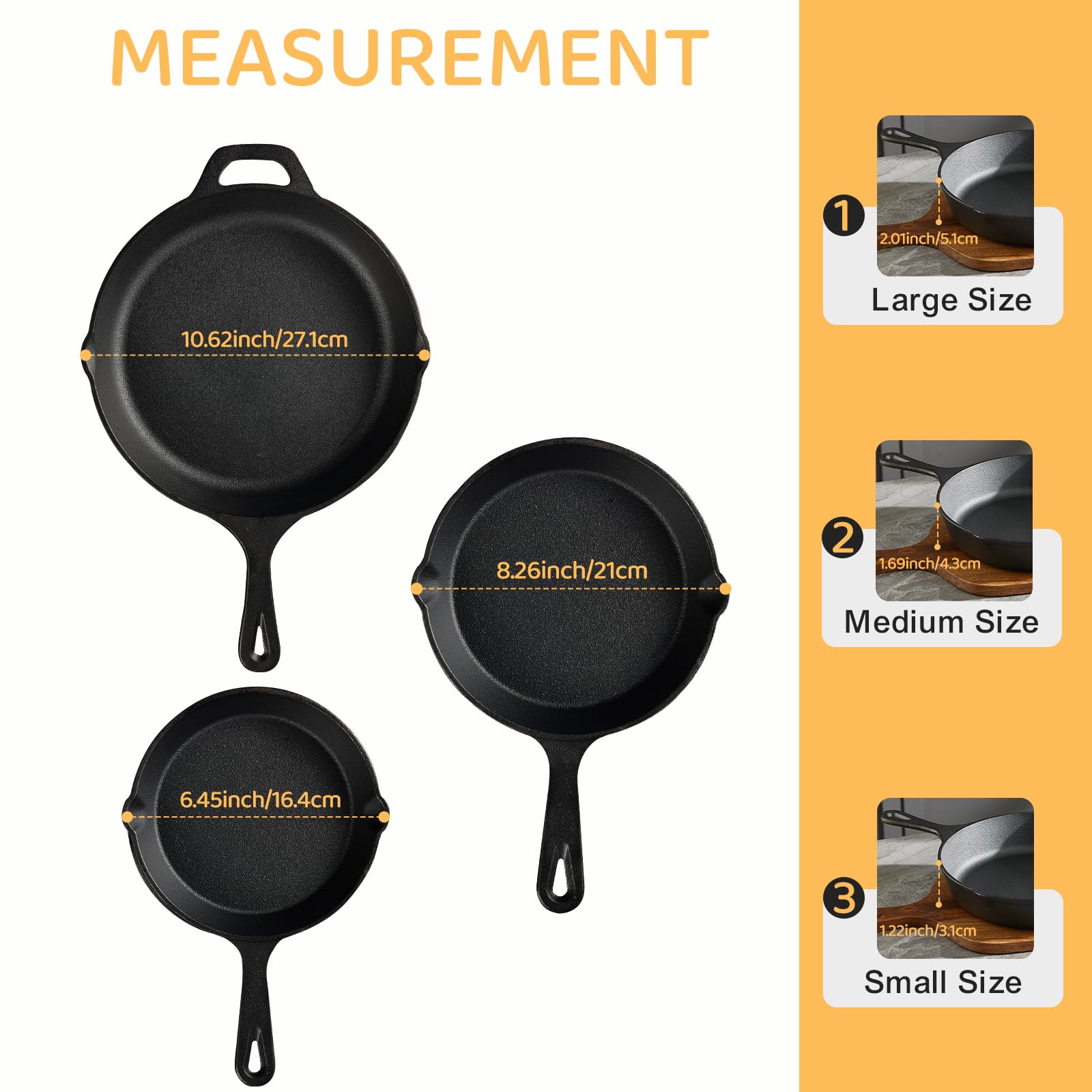 EWFEN Cast Iron Skillet 3-Piece Set, Heavy-Duty Professional Restaurant Chef Quality Pre-Seasoned Pan Cookware Set, 6", 8", 10" Pans For Frying, Saute, Cooking, Use Indoor/Outdoor, Oven, Grill - Classy Cajuns
