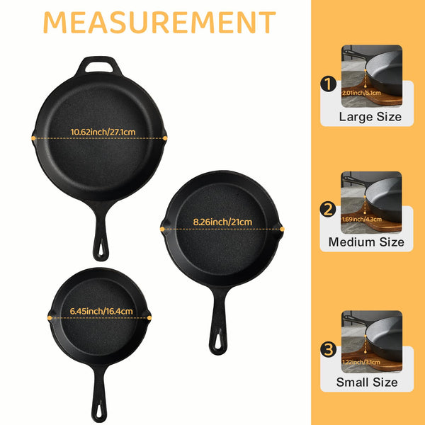 EWFEN Cast Iron Skillet 3-Piece Set, Heavy-Duty Professional Restaurant Chef Quality Pre-Seasoned Pan Cookware Set, 6", 8", 10" Pans For Frying, Saute, Cooking, Use Indoor/Outdoor, Oven, Grill - Classy Cajuns