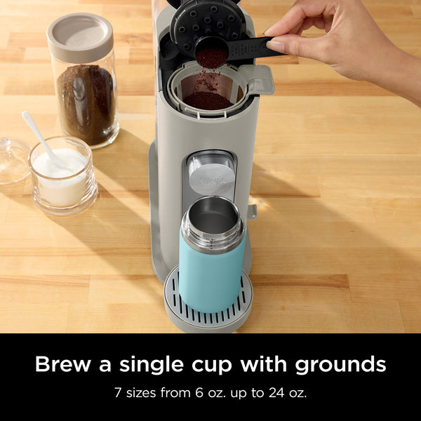 Ninja Pods & Grounds Single-Serve Coffee Maker, K-Cup Pod Compatible, Brews Grounds, Compact Design, 56-oz. Reservoir, 6-oz. Cup to 24-oz. Travel Mug Brew Sizes, Iced Coffee Maker, Stone, PB041ST - Classy Cajuns