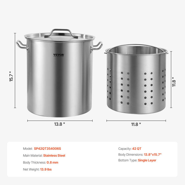 VEVOR Stainless Steel Stockpot, 42 Quart Large Cooking Pots, Cookware Sauce Pot With Strainer, Lid, And Handle, Heavy Duty Commercial Grade Stock Pot, Sanding Treatment, For Large Groups Events Silver - Classy Cajuns