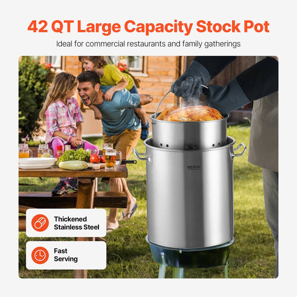 VEVOR Stainless Steel Stockpot, 42 Quart Large Cooking Pots, Cookware Sauce Pot With Strainer, Lid, And Handle, Heavy Duty Commercial Grade Stock Pot, Sanding Treatment, For Large Groups Events Silver - Classy Cajuns